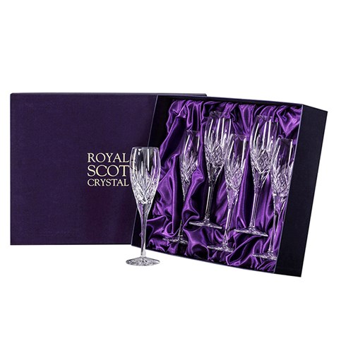 6 Royal Scot Crystal Champagne Flutes - Highland - PRESENTATION BOXED - Premium Quality